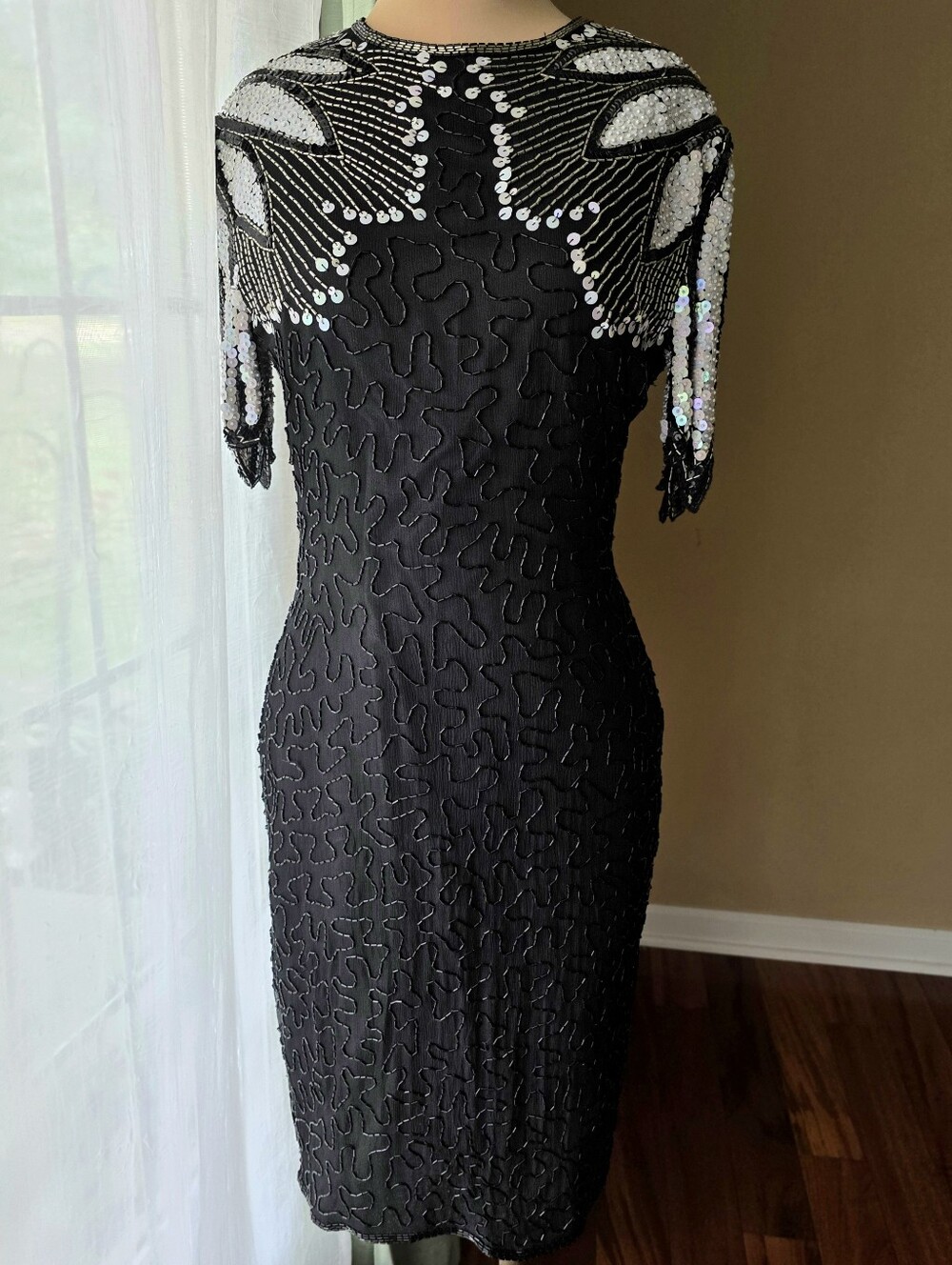 Vintage 80s Scala Beaded Silk Cocktail Dress Black White Sequin Glam Size Medium